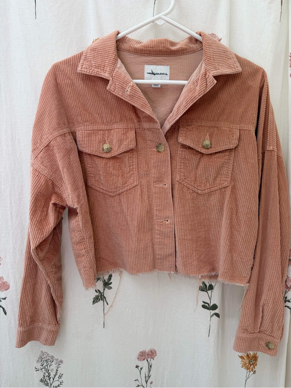 American Eagle cropped Corduroy Jacket with frayed edges dusty rose color